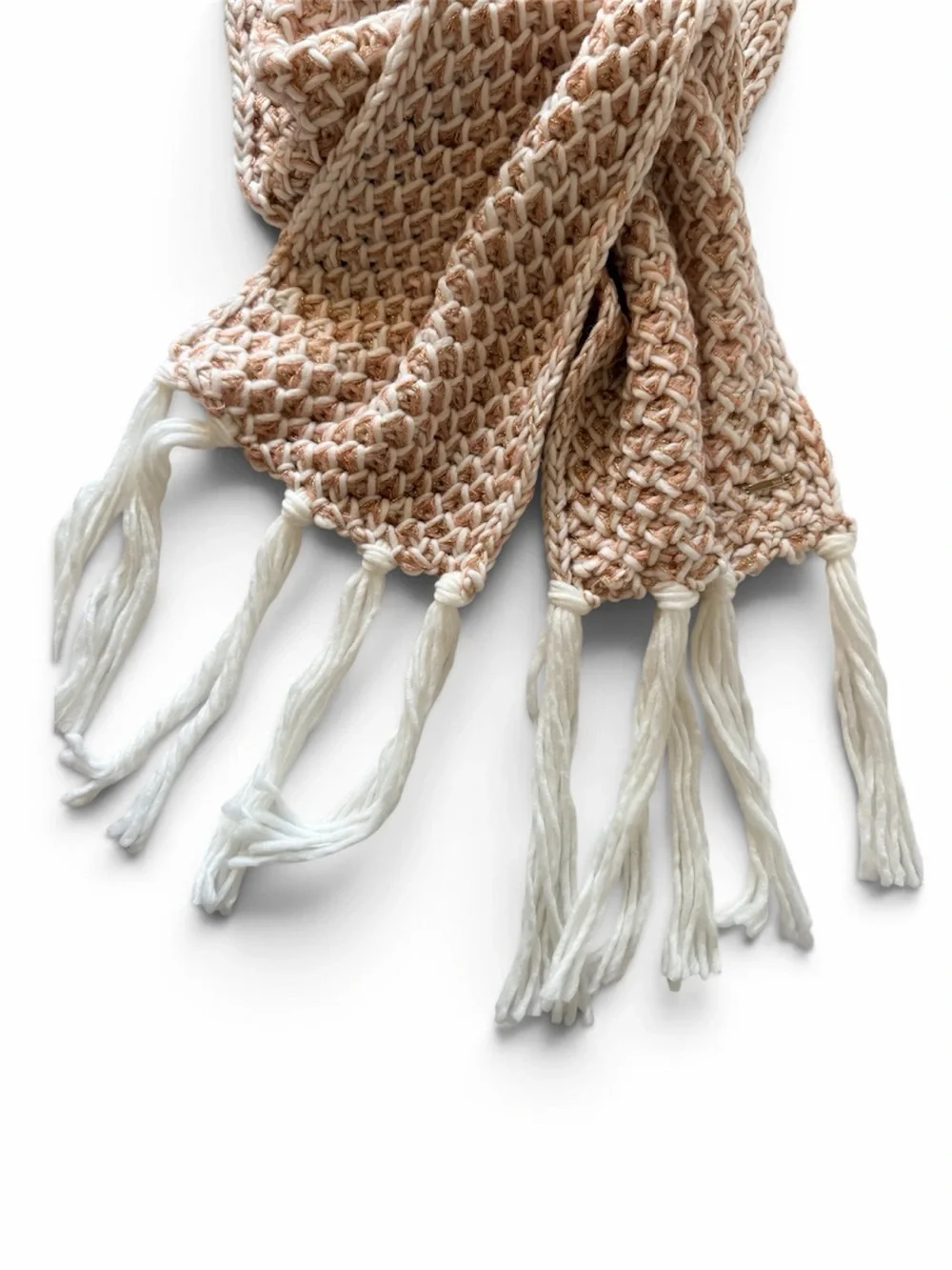 Black Rivet Chunky Knit Scarf Pink White Cream Metallic Thread with Fringe